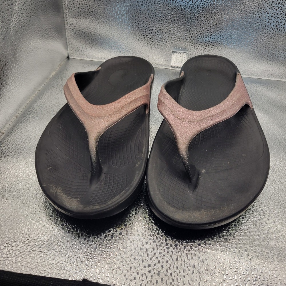 OOFOS‎ OOlala Luxe Recovery Sandals Womens 10 Black Rose Gold Glitter Flip Flops